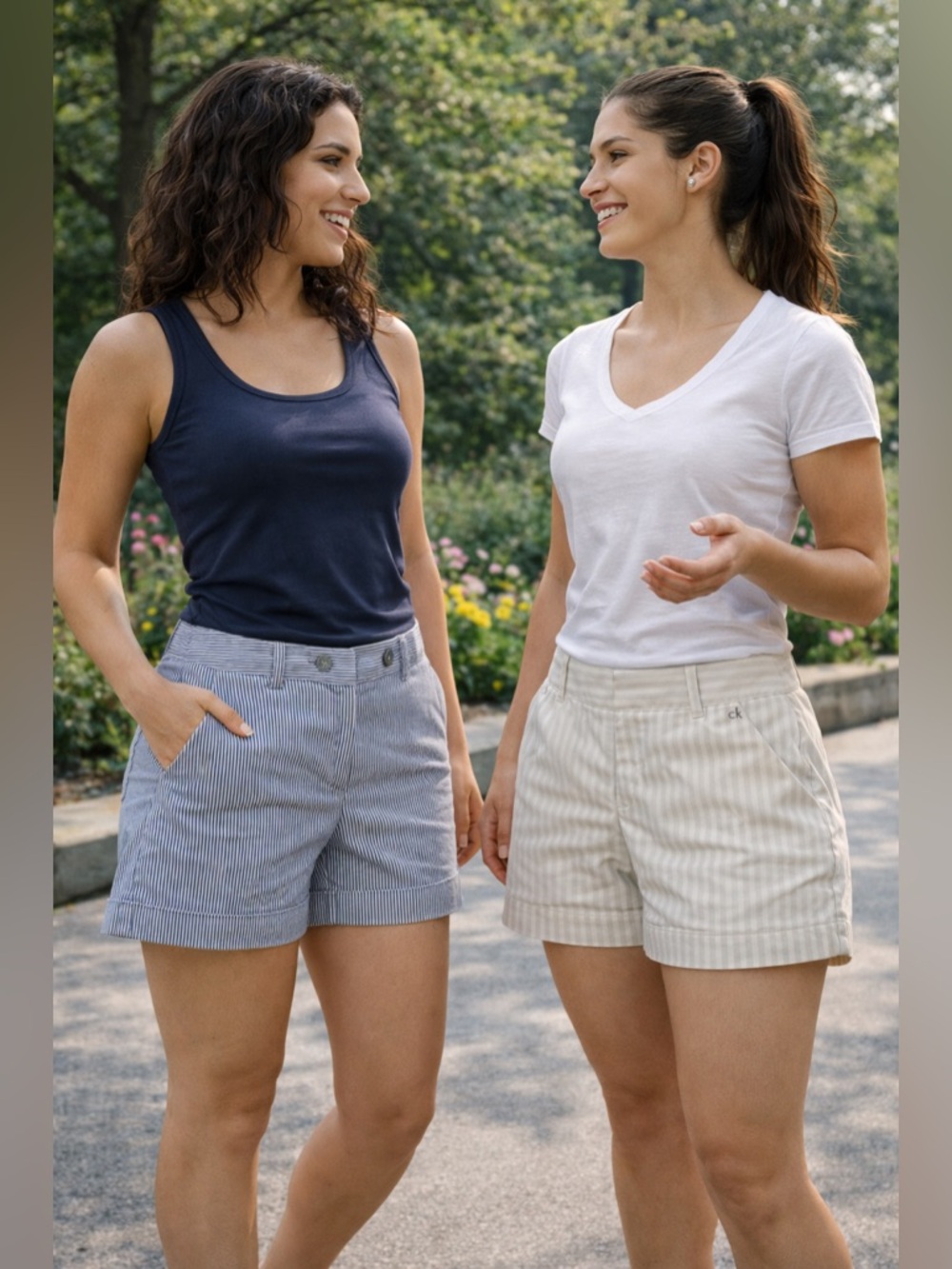 Bundle - Calvin Klein Women's Blue Pinstripe Shorts and Cream Pinstripe Shorts